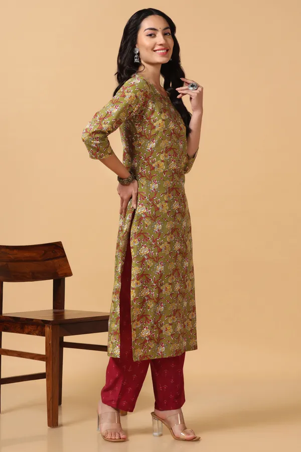 Olive_Cotton_Ankle_Length_Kurta_Pant_Suit_Set