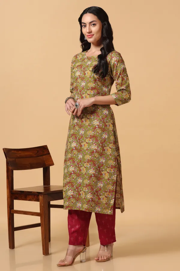 Olive_Cotton_Ankle_Length_Kurta_Pant_Suit_Set
