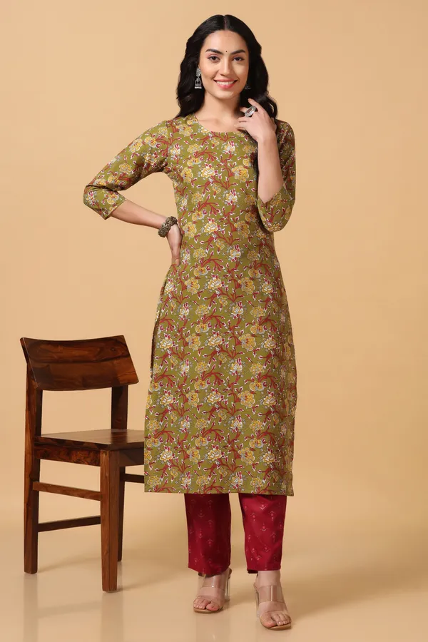 Olive_Cotton_Ankle_Length_Kurta_Pant_Suit_Set