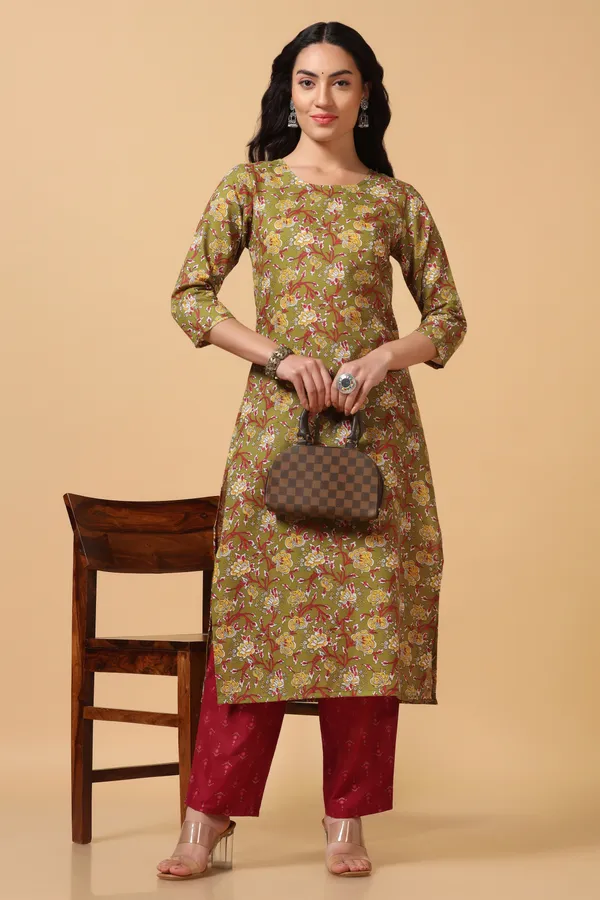 Olive_Cotton_Ankle_Length_Kurta_Pant_Suit_Set