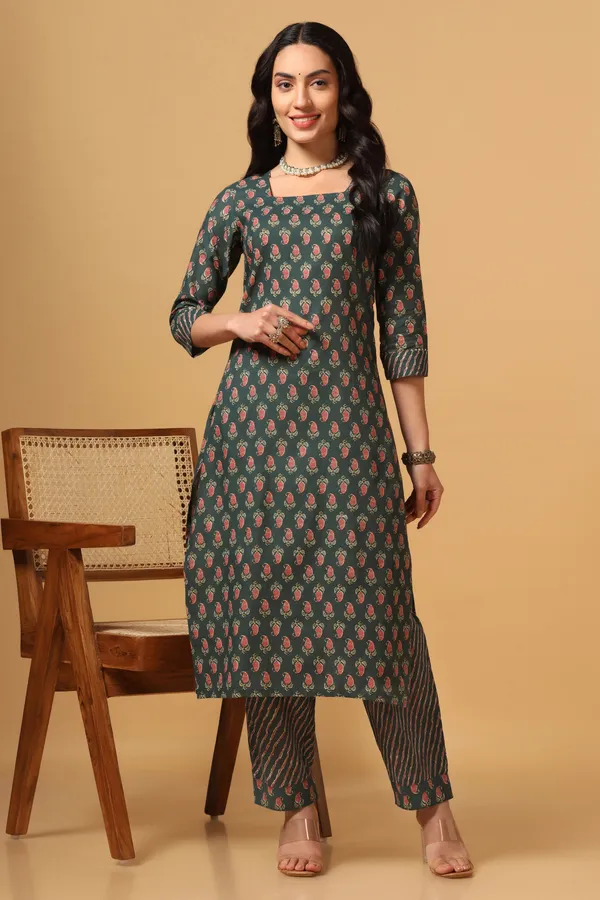 Green_Cotton_Ankle_Length_Kurta_Pant_Suit_Set