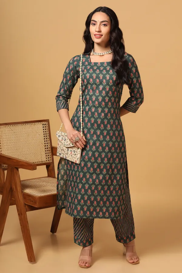 Green_Cotton_Ankle_Length_Kurta_Pant_Suit_Set