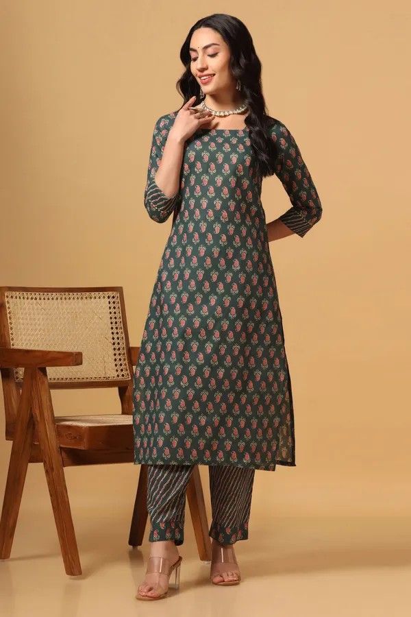 Green_Cotton_Ankle_Length_Kurta_Pant_Suit_Set