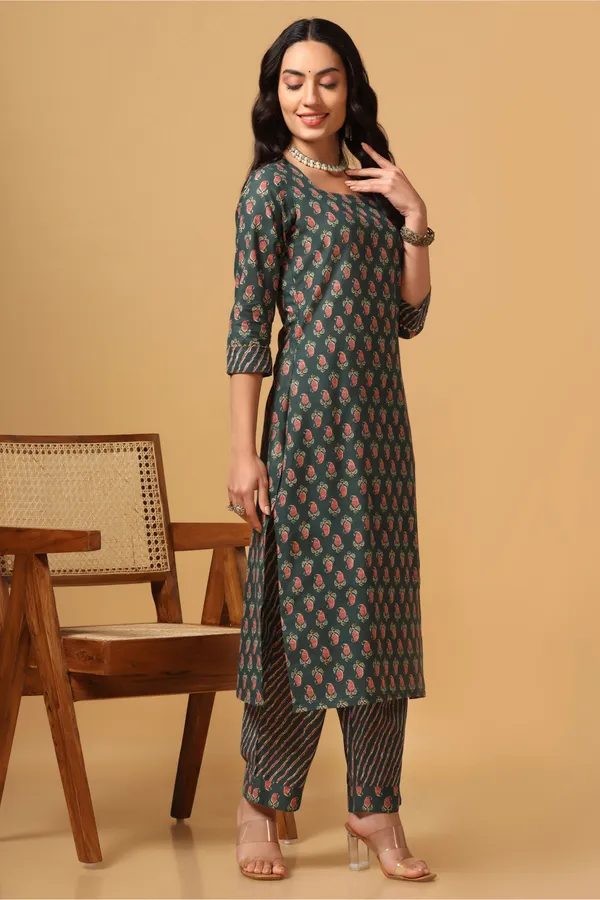 Green_Cotton_Ankle_Length_Kurta_Pant_Suit_Set