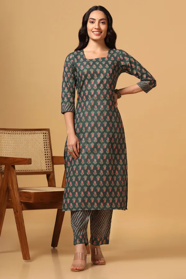 Green_Cotton_Ankle_Length_Kurta_Pant_Suit_Set