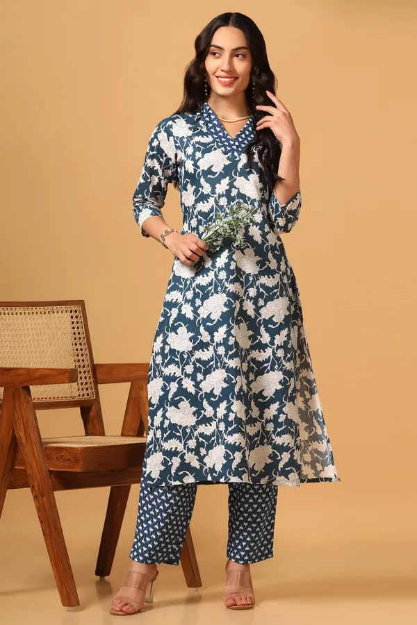 Blue_Cotton_Floral_Print_Kurta_With_Pant_Set