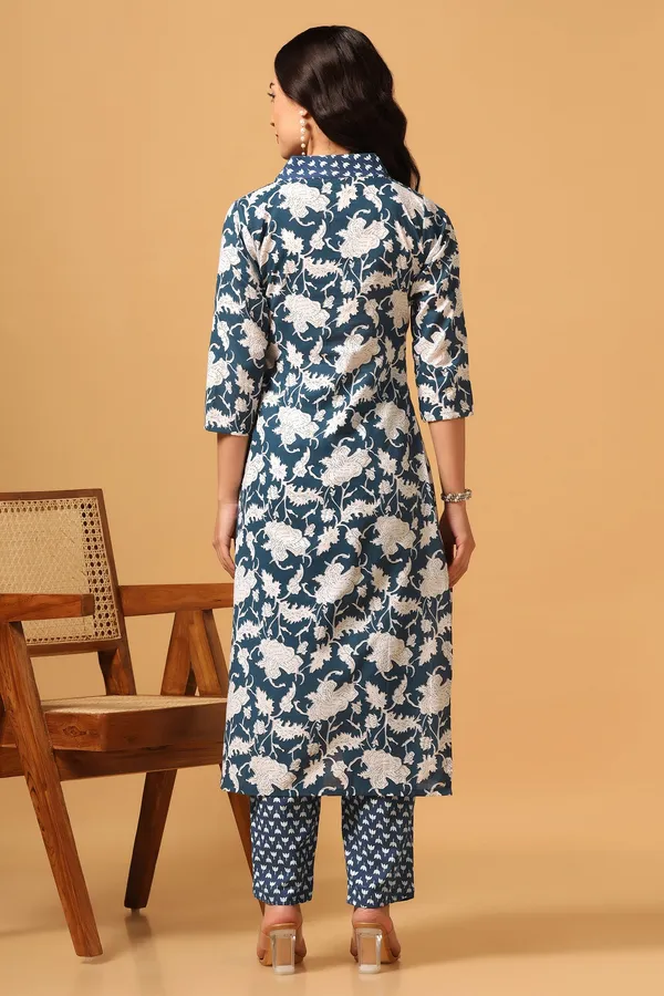 Blue_Cotton_Floral_Print_Kurta_With_Pant_Set