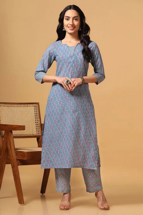 Sky_Blue_Cotton_Block_Print_Kurta_With_Pant_Set