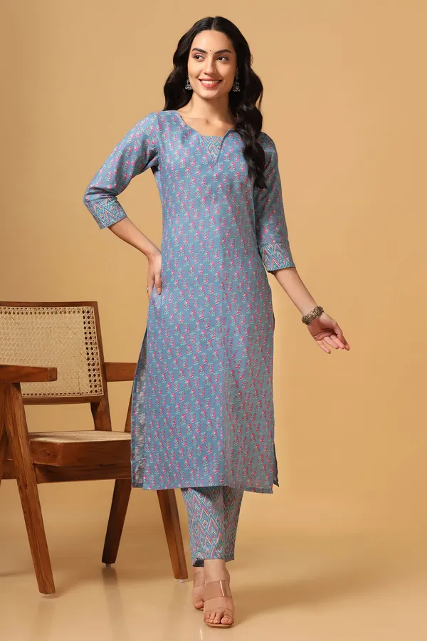 Sky_Blue_Cotton_Block_Print_Kurta_With_Pant_Set