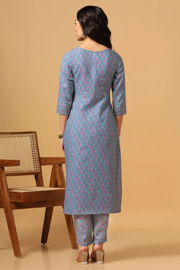 Sky_Blue_Cotton_Block_Print_Kurta_With_Pant_Set