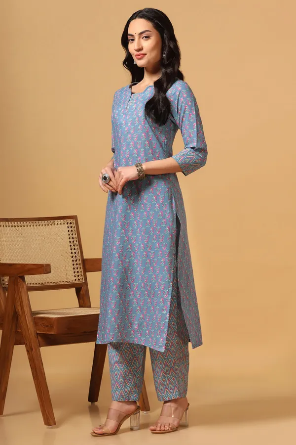 Sky_Blue_Cotton_Block_Print_Kurta_With_Pant_Set