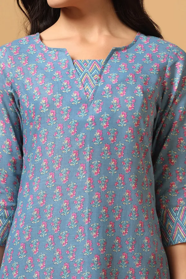 Sky_Blue_Cotton_Block_Print_Kurta_With_Pant_Set