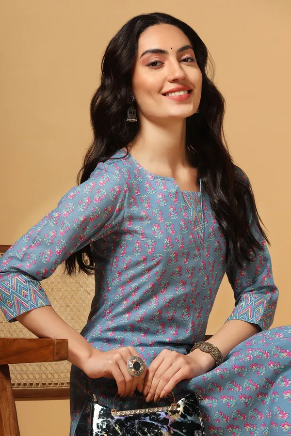 Sky_Blue_Cotton_Block_Print_Kurta_With_Pant_Set