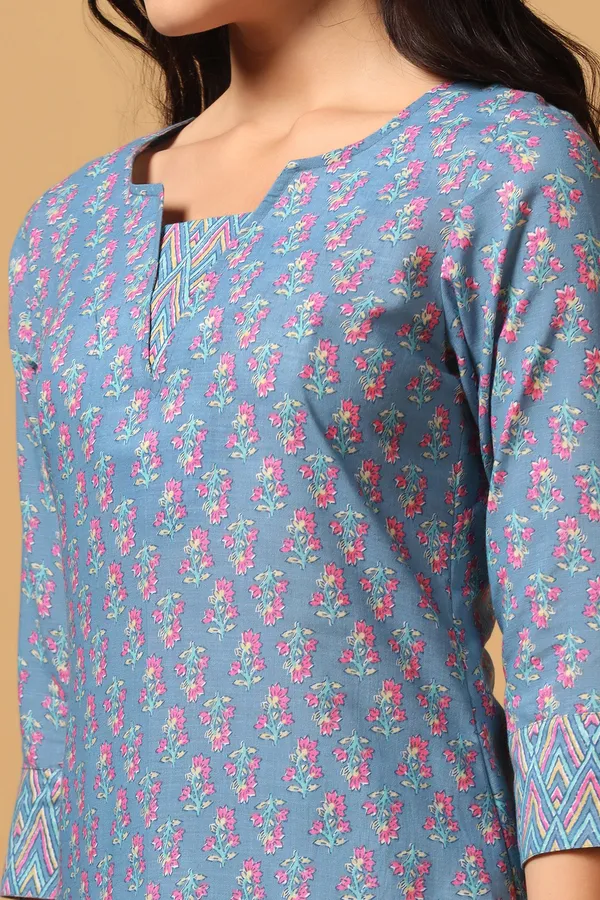 Sky_Blue_Cotton_Block_Print_Kurta_With_Pant_Set