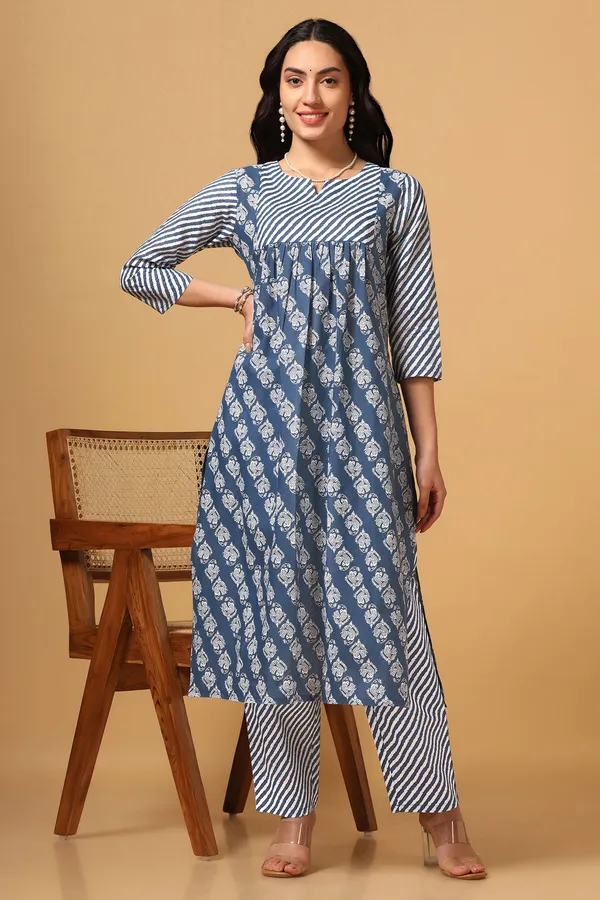 Blue_Cotton_Block_Printed_Kurta_With_Pant_Set