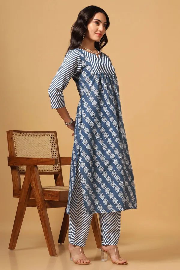 Blue_Cotton_Block_Printed_Kurta_With_Pant_Set