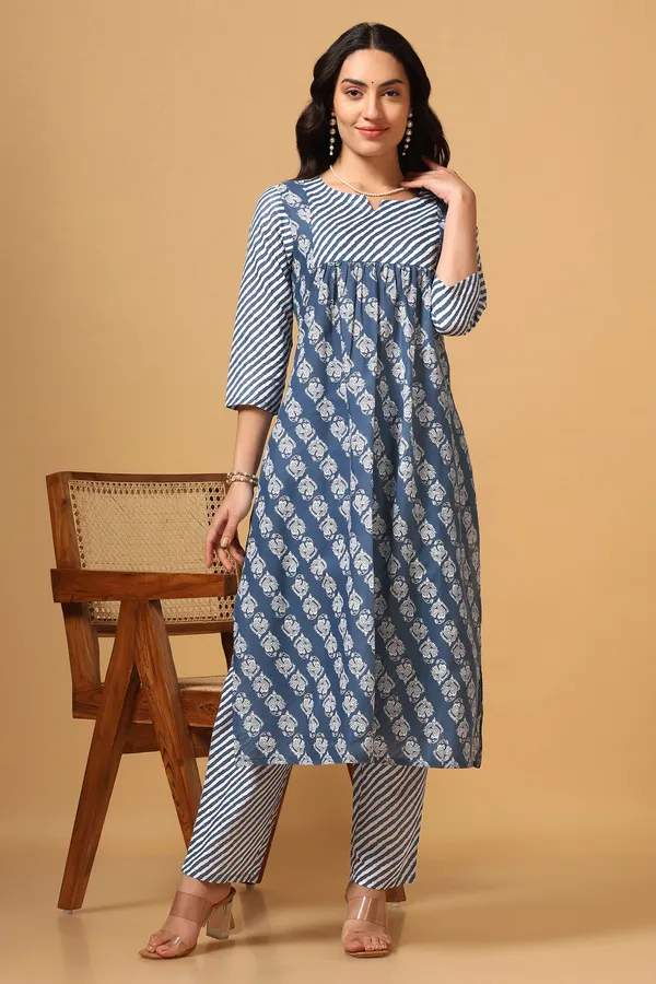 Blue_Cotton_Block_Printed_Kurta_With_Pant_Set