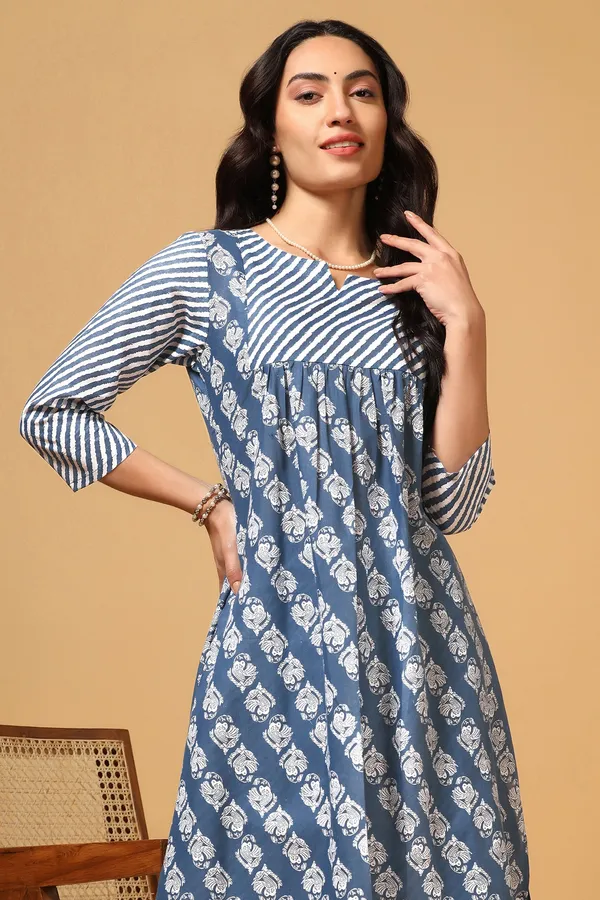 Blue_Cotton_Block_Printed_Kurta_With_Pant_Set
