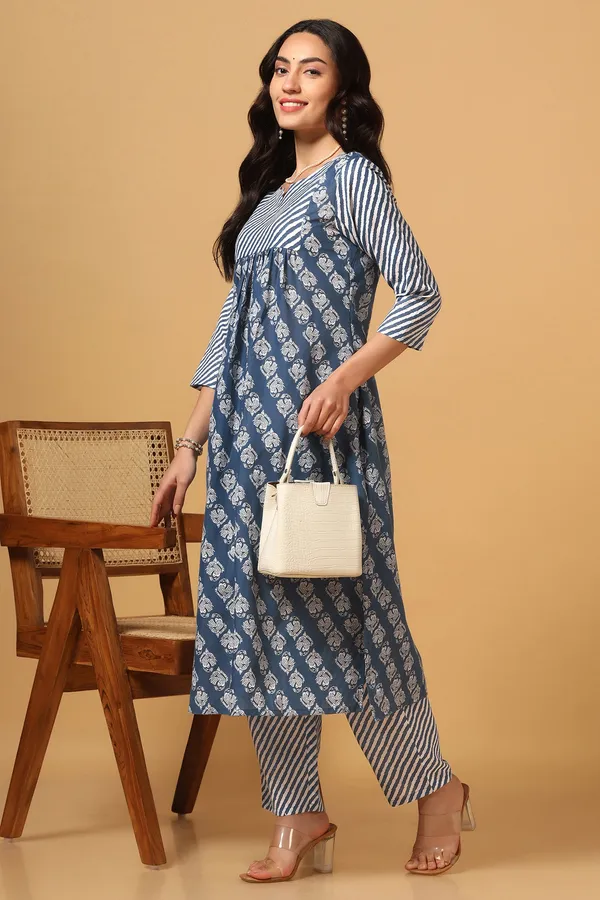 Blue_Cotton_Block_Printed_Kurta_With_Pant_Set