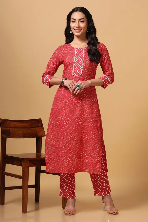 Red_Cotton_Bandhni_Print_Kurta_With_Pant_Set