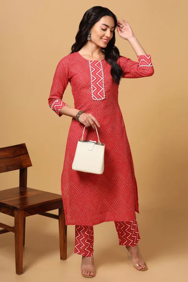 Red_Cotton_Bandhni_Print_Kurta_With_Pant_Set