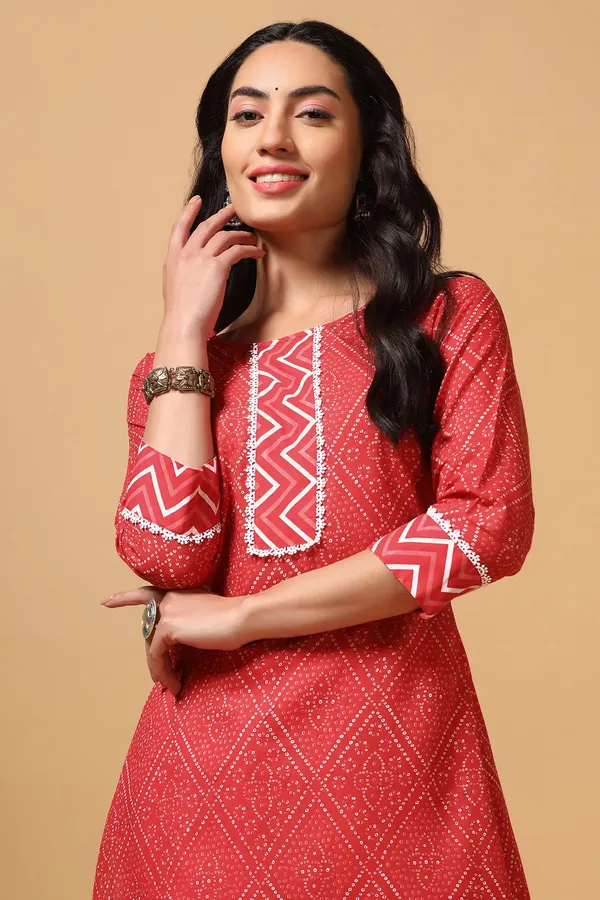 Red_Cotton_Bandhni_Print_Kurta_With_Pant_Set