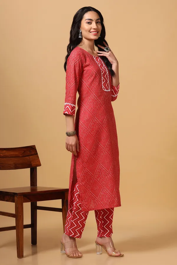 Red_Cotton_Bandhni_Print_Kurta_With_Pant_Set