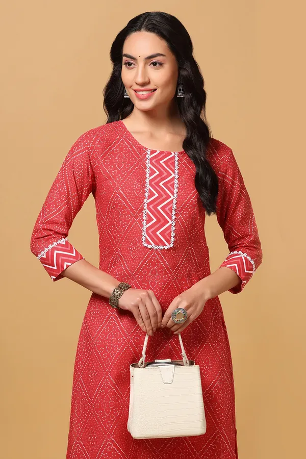 Red_Cotton_Bandhni_Print_Kurta_With_Pant_Set