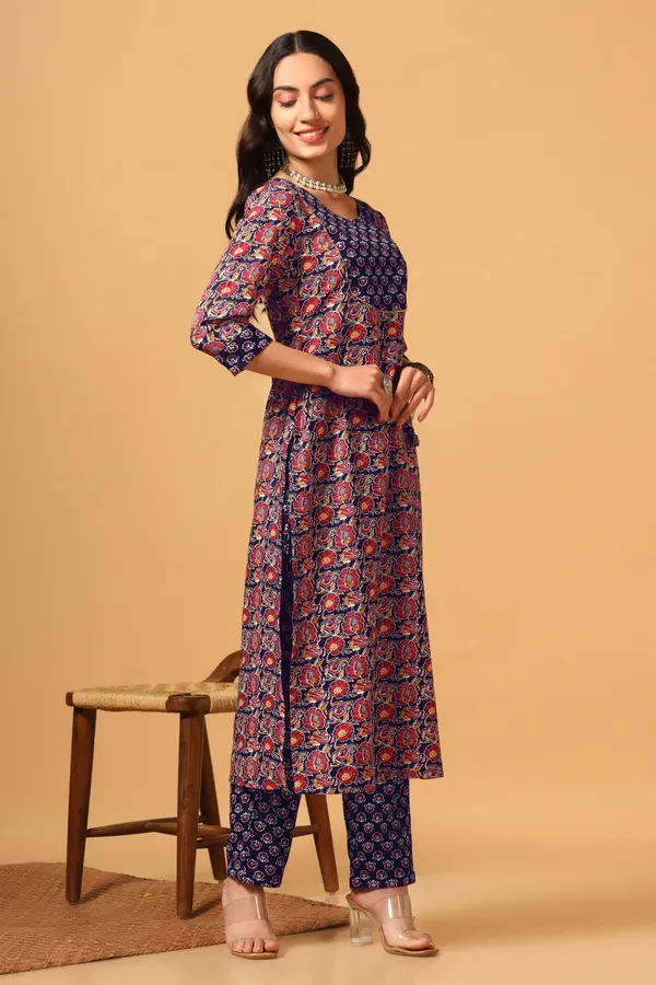 Navy_Blue_Cotton_Slub_Ankle_Length_Kurta_Pant_Suit_Set