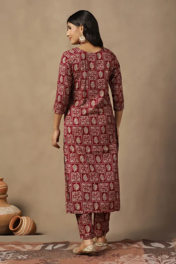 Maroon_Cotton_Blend_Ankle_Length_Kurta_Pant_Suit_Set