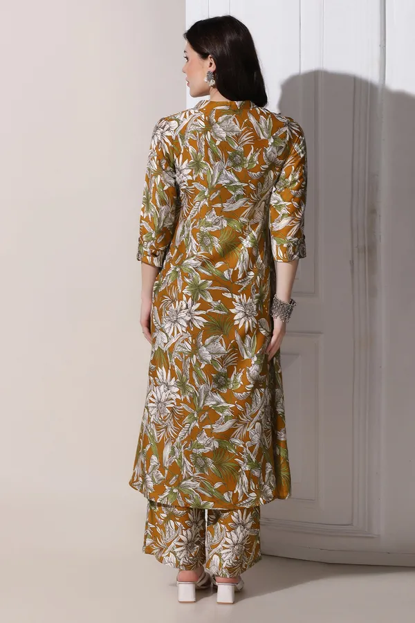 Mustard_Muslin_Floral_Printed_Kurta_With_Trouser_Set_For_Women