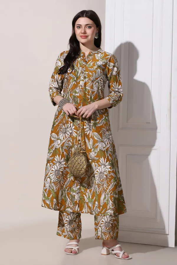 Mustard_Muslin_Floral_Printed_Kurta_With_Trouser_Set_For_Women