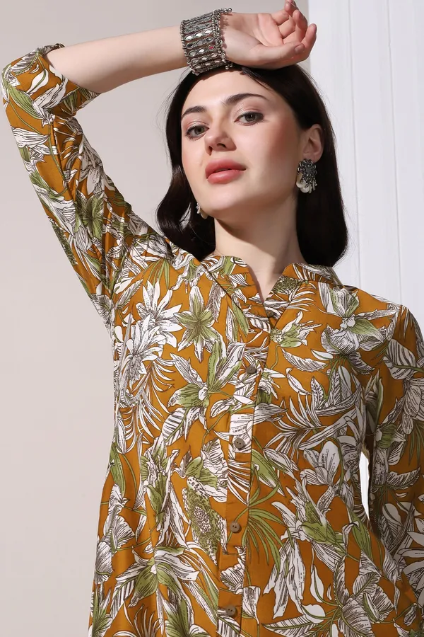 Mustard_Muslin_Floral_Printed_Kurta_With_Trouser_Set_For_Women