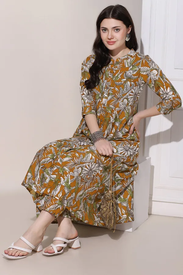 Mustard_Muslin_Floral_Printed_Kurta_With_Trouser_Set_For_Women
