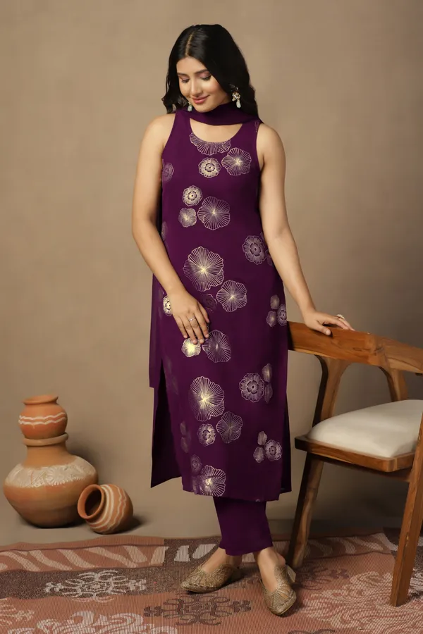 Purple_Georgeete_Ankle_Length_Kurta_Pant_Suit_Set