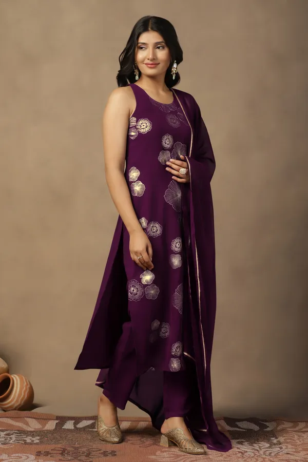 Purple_Georgeete_Ankle_Length_Kurta_Pant_Suit_Set