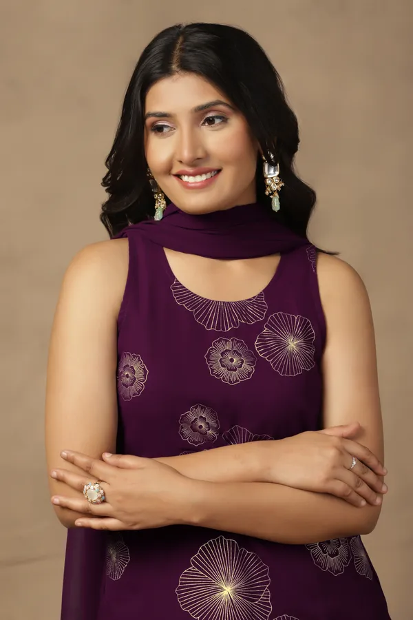 Purple_Georgeete_Ankle_Length_Kurta_Pant_Suit_Set