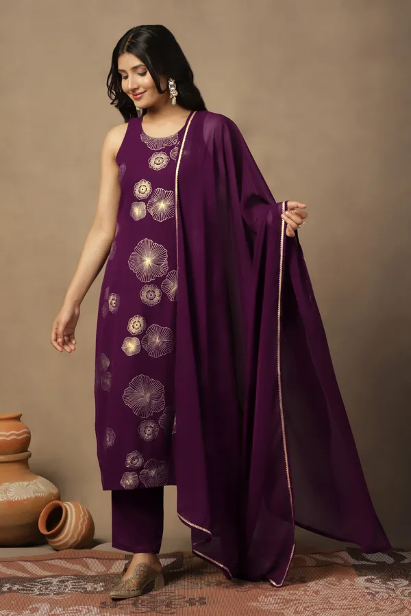 Purple_Georgeete_Ankle_Length_Kurta_Pant_Suit_Set
