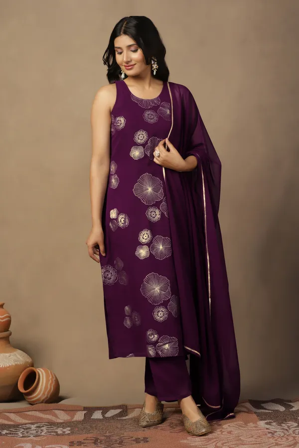 Purple_Georgeete_Ankle_Length_Kurta_Pant_Suit_Set