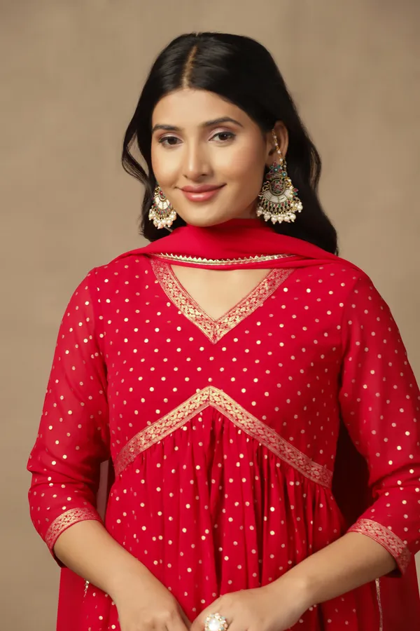 Red_Georgette_Ankle_Length_Kurta_Pant_Suit_Set