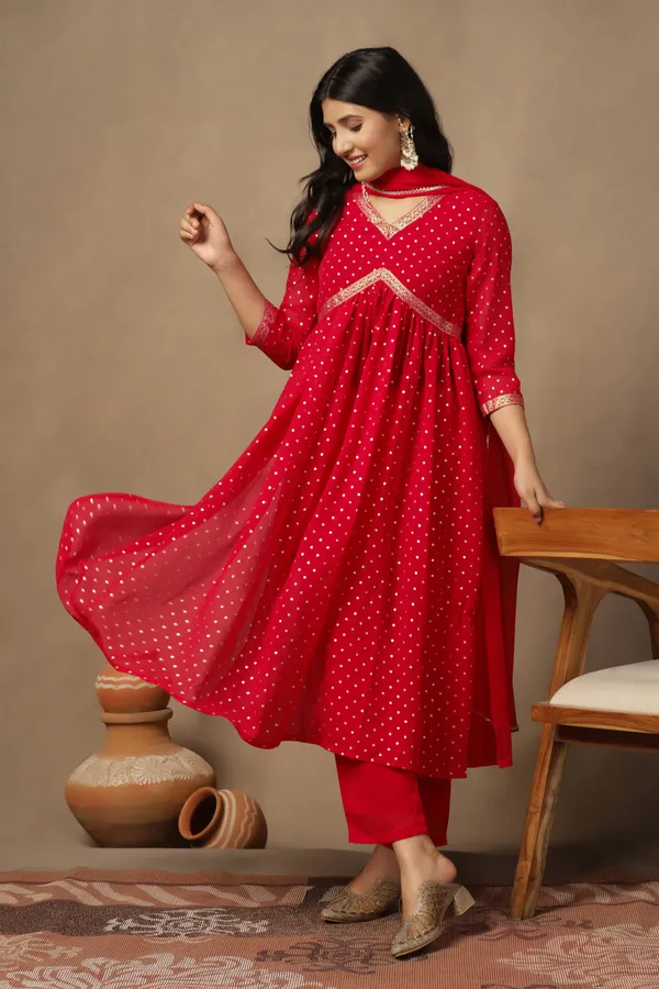 Red_Georgette_Ankle_Length_Kurta_Pant_Suit_Set