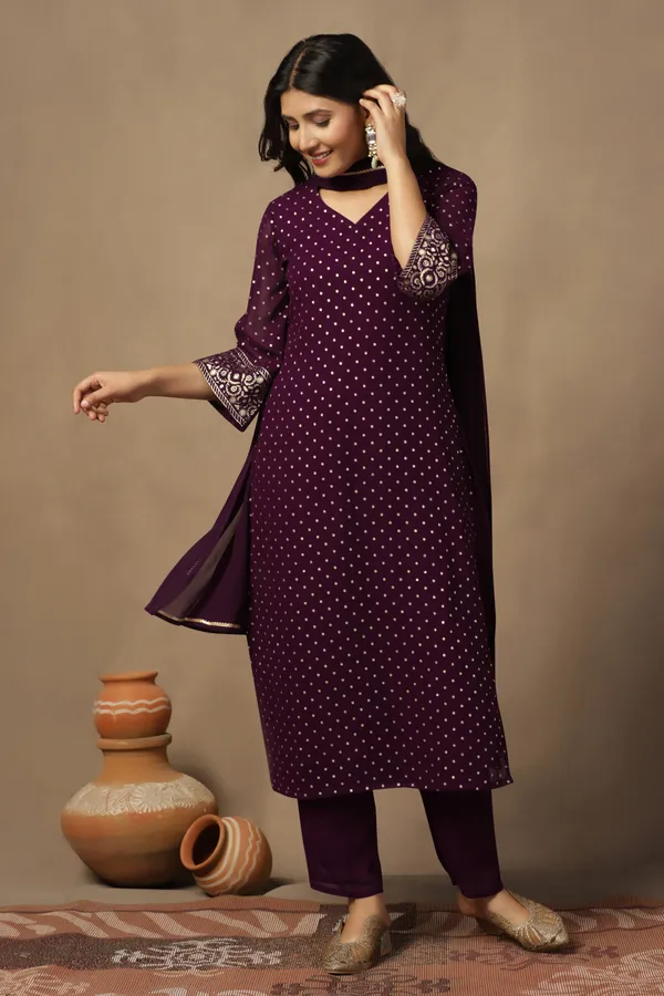 Wine_Georgette_Ankle_Length_Kurta_Pant_Suit_Set