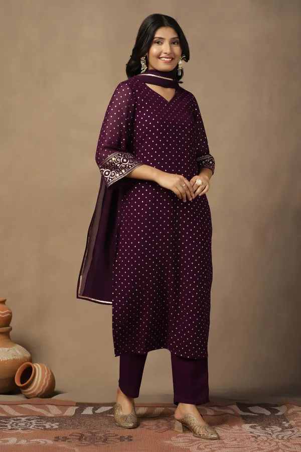 Wine_Georgette_Ankle_Length_Kurta_Pant_Suit_Set
