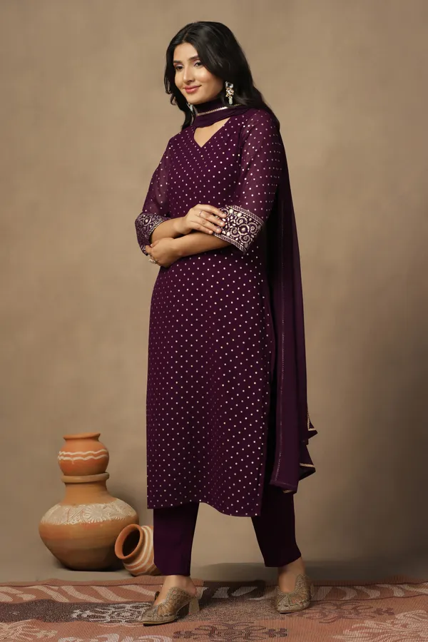 Wine_Georgette_Ankle_Length_Kurta_Pant_Suit_Set