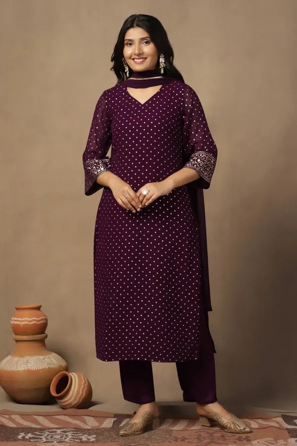 Wine_Georgette_Ankle_Length_Kurta_Pant_Suit_Set