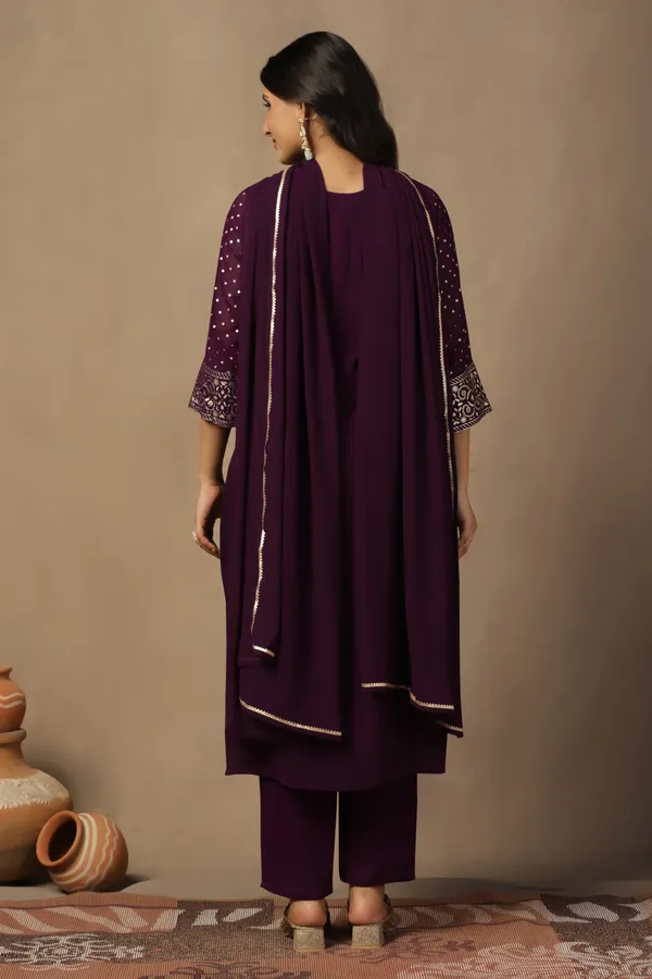 Wine_Georgette_Ankle_Length_Kurta_Pant_Suit_Set