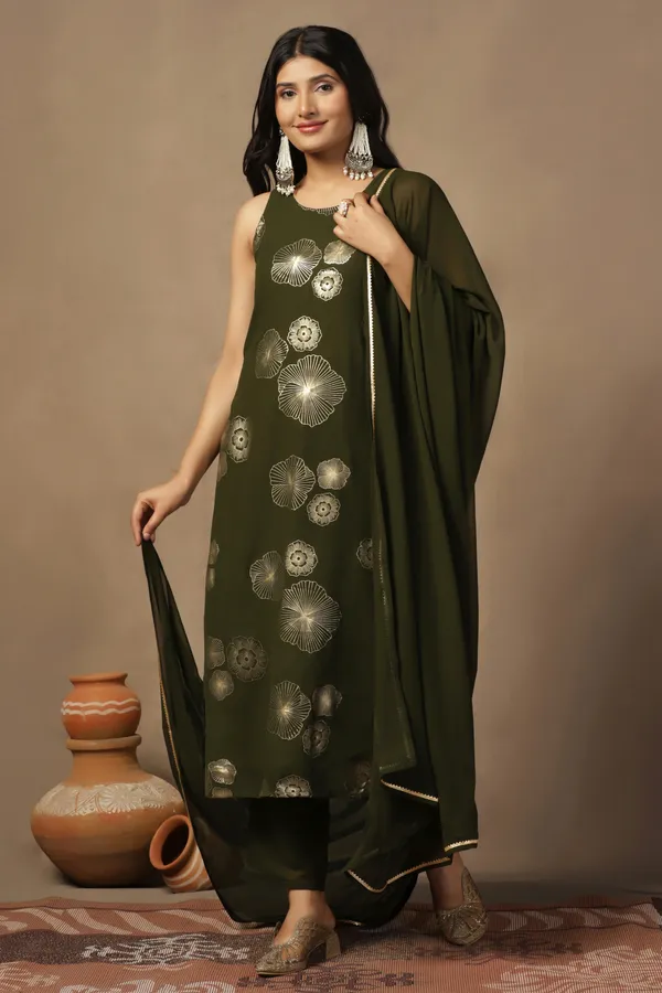 Mehndi_Georgeete_Ankle_Length_Kurta_Pant_Suit_Set