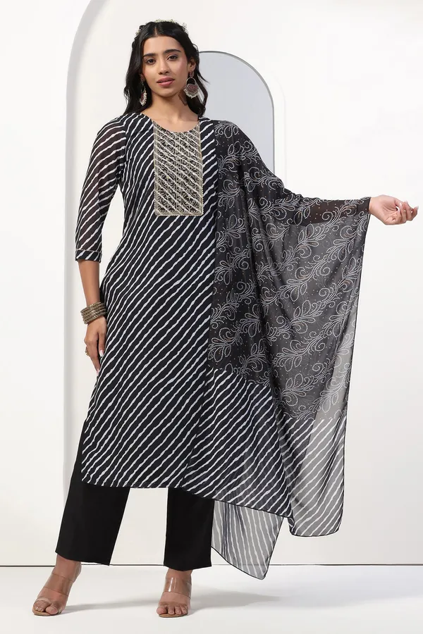 Black_Georgette_Straight_Leheriya_Printed_Kurta_And_Pant_With_Dupatta_Set