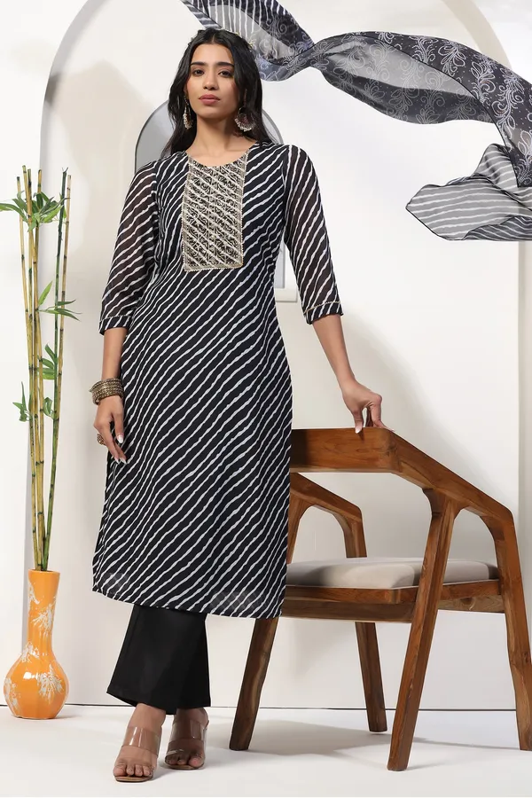 Black_Georgette_Straight_Leheriya_Printed_Kurta_And_Pant_With_Dupatta_Set