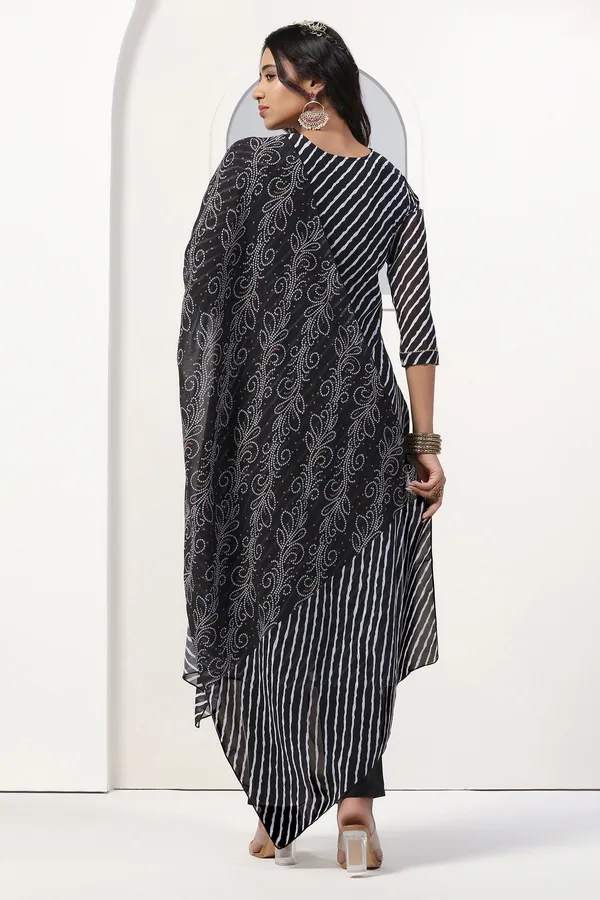 Black_Georgette_Straight_Leheriya_Printed_Kurta_And_Pant_With_Dupatta_Set